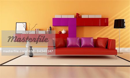 bright red purple and orange contemporary lounge - rendering