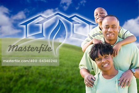 Happy African American Family and Green House Graphic in Grass Field.
