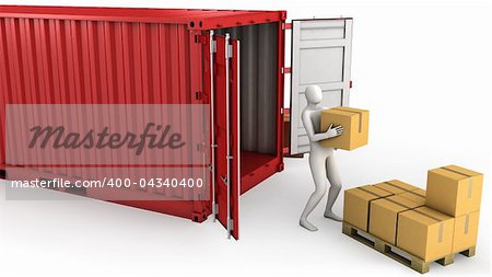 Worker unloads container, isolated on white background