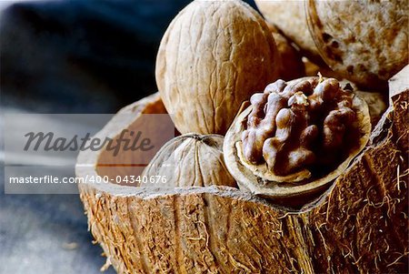 Walnuts in the shell of coconut. One is opened. Close-up.
