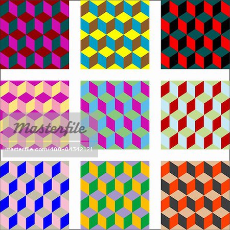 nine different versions of psychedelic patterns, vector art illustration; easy to change colors