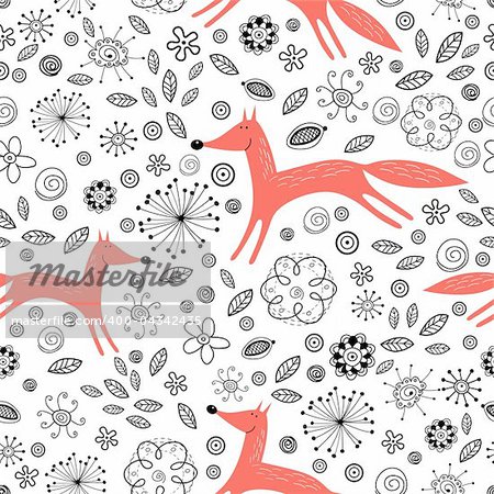 seamless graphic floral pattern with red foxes on a white background