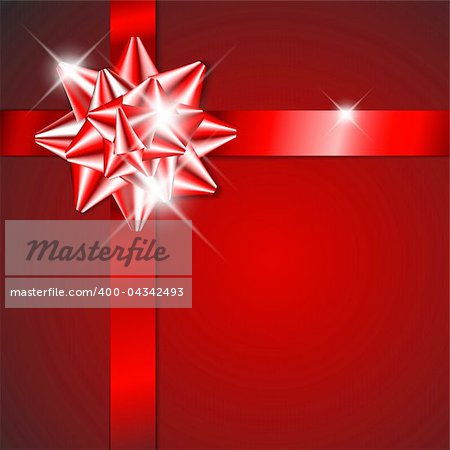 Red bow on a red ribbon with red  background - vector Christmas card (no text)