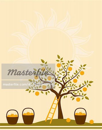 vector background with apple tree, ladder and baskets of apples, Adobe Illustrator 8 format