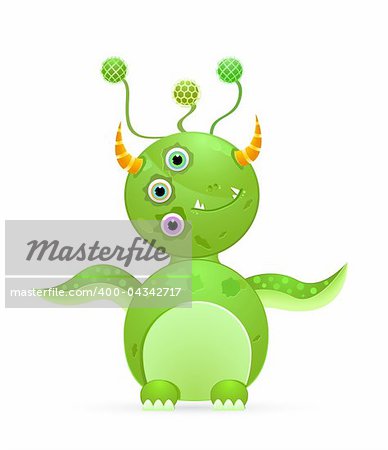 green cute monster with three eyes and horn isolated on white background