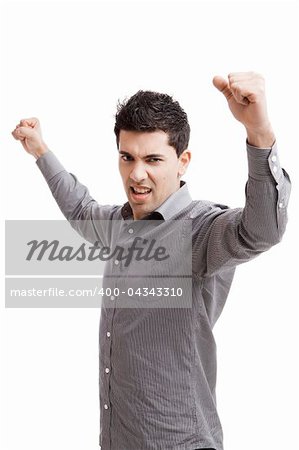 Happy young man with arms up isolated on a white background