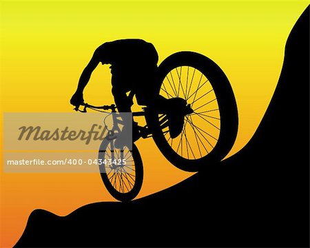 black silhouette of a mountain biker on an orange background