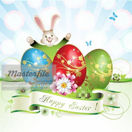 Easter card with bunny, butterflies and decorated egg on grass