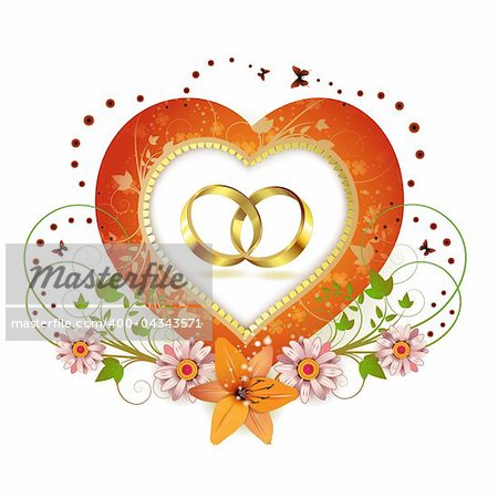 Frame with shape heart and two wedding ring, decorated flowers isolated on white background