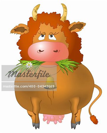 Red curly cow eats a green grass, isolated vector