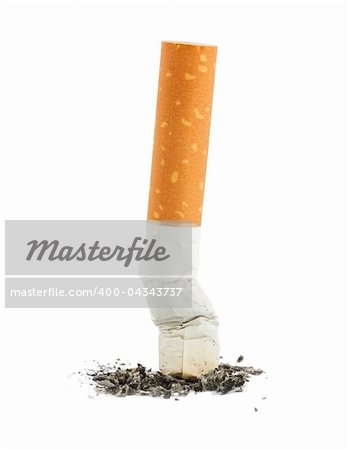 Single cigarette butt with ash isolated on white background