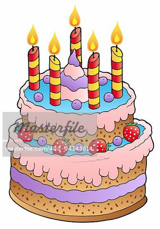 Cake with candles and strawberries - vector illustration.