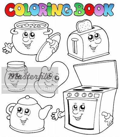 Coloring book with kitchen cartoons - vector illustration.