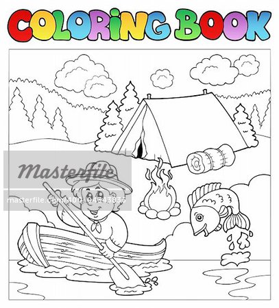 Coloring book with scout in boat - vector illustration.