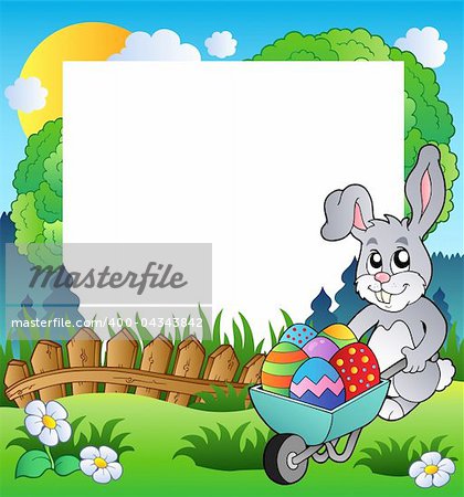 Easter frame with bunny and barrow - vector illustration.