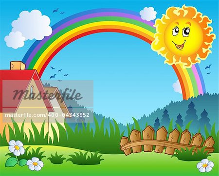Landscape with Sun and rainbow - vector illustration.