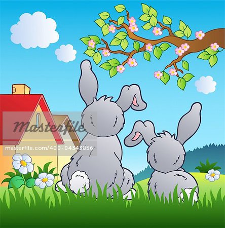 Meadow with two rabbits - vector illustration.