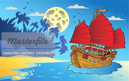 Night seascape with Chinese ship - vector illustration.