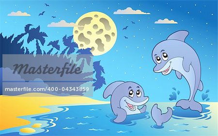 Night seascape with two dolphins - vector illustration.