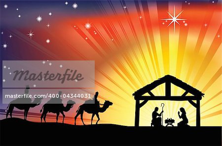 Illustration of traditional Christian Christmas Nativity scene with the three wise men