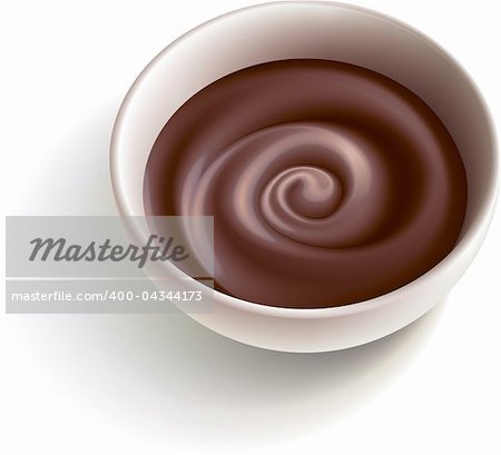 Dark molten chocolate swirling in the white cup. Vector illustration.