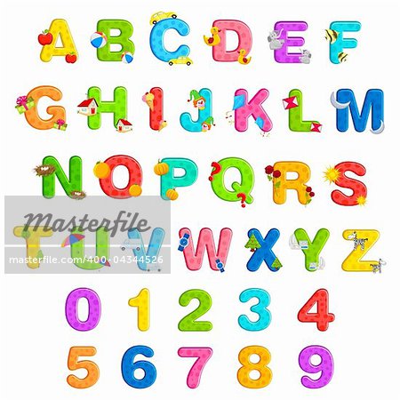 illustration of alphabet set with associate objects and number on isolated background