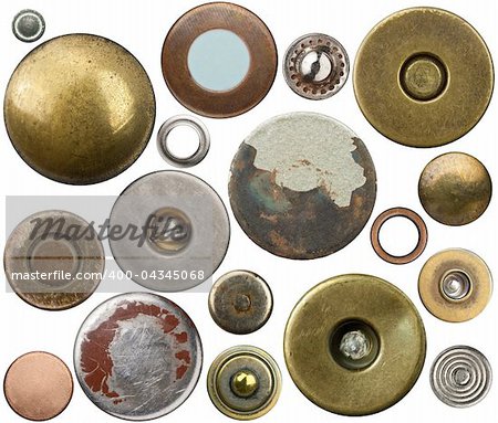 Metal jeans buttons, rivets set. Isolated on white background.