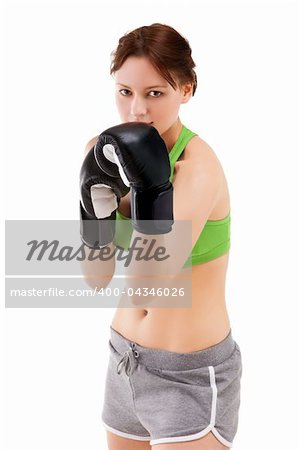 young woman in boxing gloves on white background
