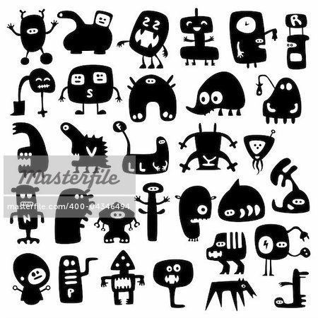 Collection of cartoon funny vector monsters silhouettes