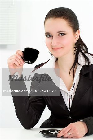woman drink in a black business suit with a white