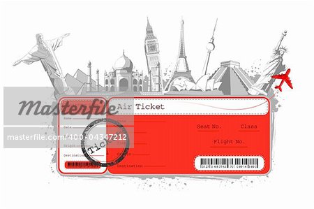 illustration of flight ticket with famous monument around the world