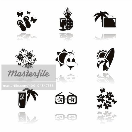 set of 9 black summer vacation icons
