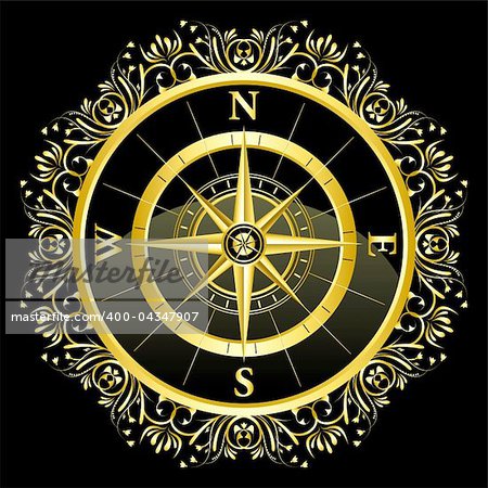 illustration of floral compass on black background