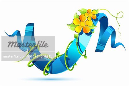 illustration of glossy ribbon with floral swirls laying on floral