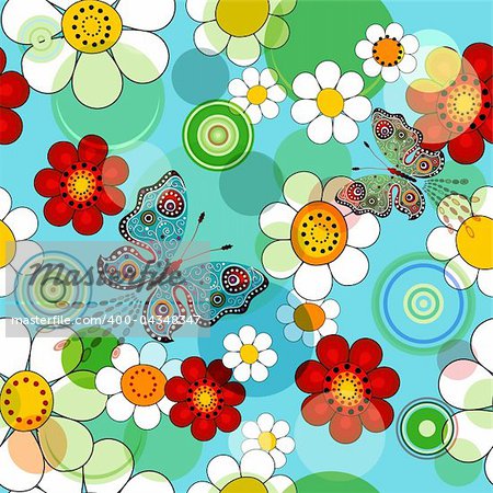 Vivid blue floral seamless pattern with flowers and butterflies (vector EPS 10)