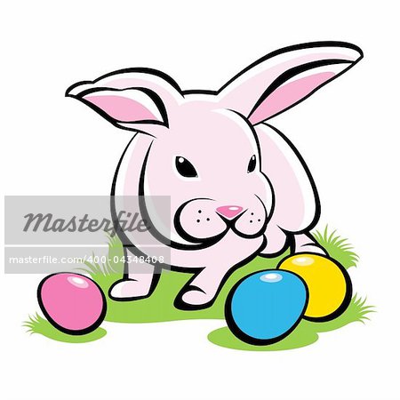 Bunny on the grass with Easter Eggs. Illustration on white background