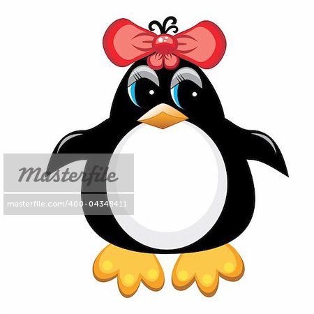 Penguin cartoon bird. Girl. Illustration on white