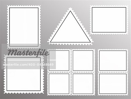 Vector set of blank postage stamps isolated on grey background, vector illustration