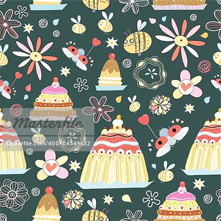 seamless pattern of warm pie and amusing insects on a dark background