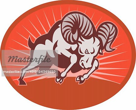 illustration of a Bighorn sheep or ram attacking with sunburst in the background set inside an oval.