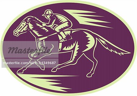 illustration of a Horse and jockey racing side view done in woodcut style.