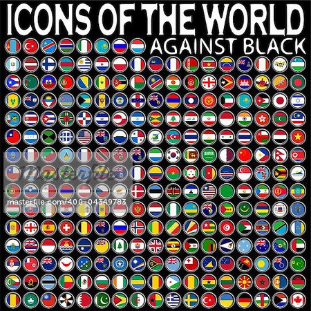 icons of the world against black background, abstract vector art illustration
