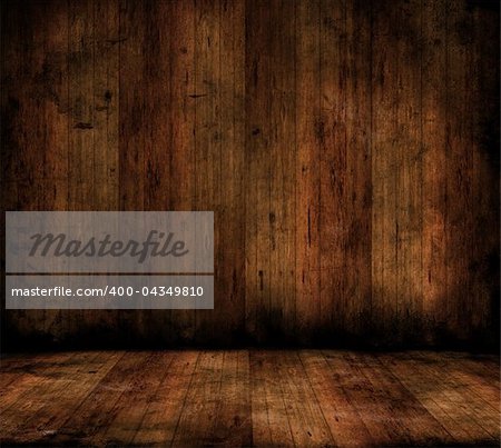 Grunge style image of a room interior with wooden floors and walls