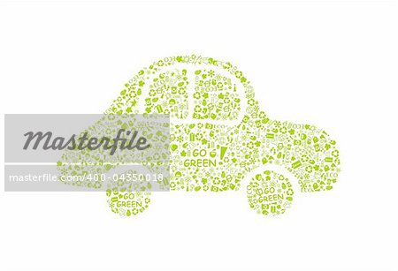 go green eco pattern car on white backdrop - bulb, leaf, globe, drop, apple, house, trash. Ecology concept.