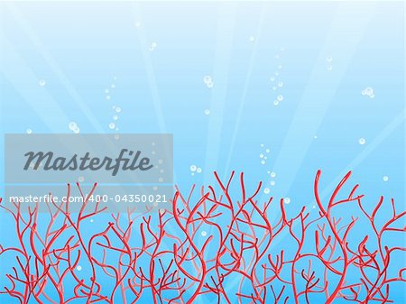 Red Coral and Bubbles in Blue Ocean. Vector Illustration