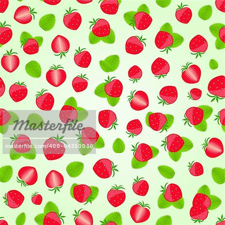 Seamless Strawberry Pattern With Leaves on Light Green Background