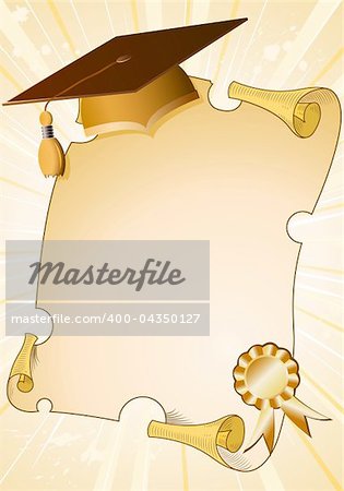 Graduation background with cap and diploma, element for design, vector illustration