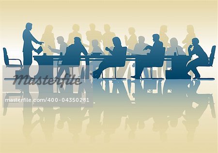 Editable vector silhouette of people in a meeting with reflection