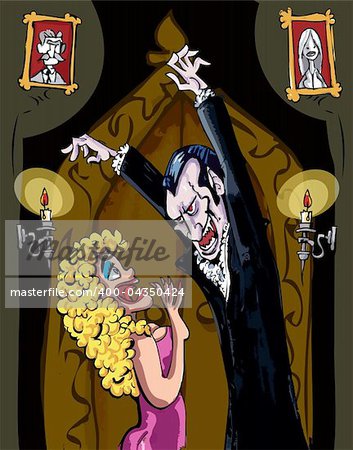 Cartoon Vampire menacing a blonde woman in a darkened room