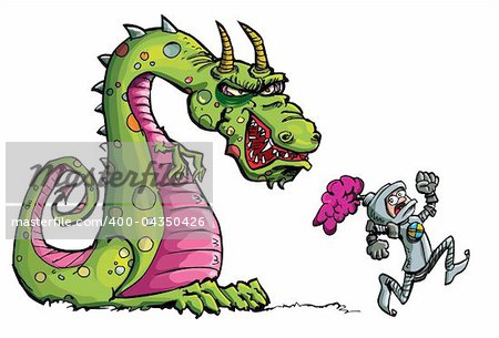 Cartoon of a knight running from a fierce dragon.Isolated on white